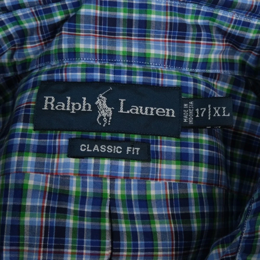 Polo Ralph Lauren XL Classic Fit Button Down Blue Green Plaid 100% Cotton Mens